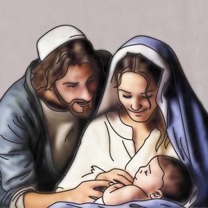 Piirroskuvassa Joosef, Maria ja Jeesus-vauva.