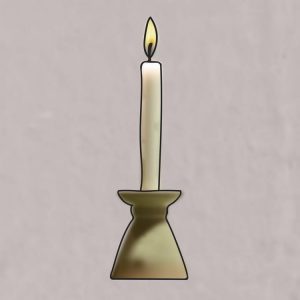 Piirroskuva valkoisesta kapeasta kynttilästä, joka on harmaassa kynttiläjalassa.