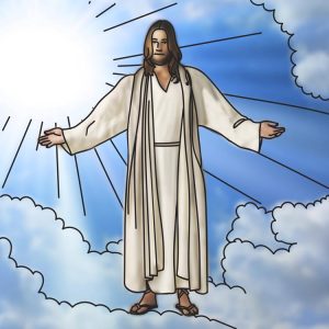 Piirroskuva Jeesuksesta pilvien päällä, kirkkaassa valossa.