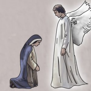 Piirroskuva Mariasta, joka on polvistuneena enkelin edessä.