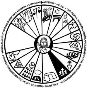 Kirkkovuosi kuvattu ympyräkuviolla. Keskellä on Jeesus ja kirkkovuoden pyhät ympäröivät hänet.