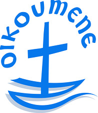 ekumeenisen liikkeen symboli: sininen laiva ja teksti oikoumene