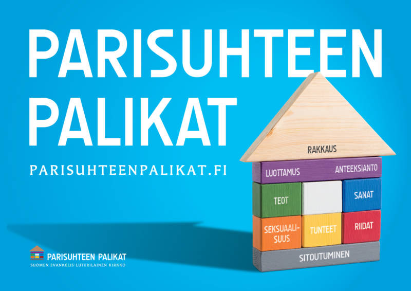 Parisuhteen palikat -juliste, jossa on värikäs talo sisältäen parisuhteen eri osa-alueiden otsikoita.